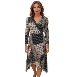 Laundry Women's Timeless Sheer Sleeve Wrap Dress Midi Blue Paisley Size 10